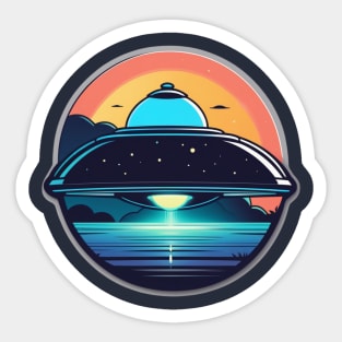 UFO Flying Saucer over sea with neon light Sticker